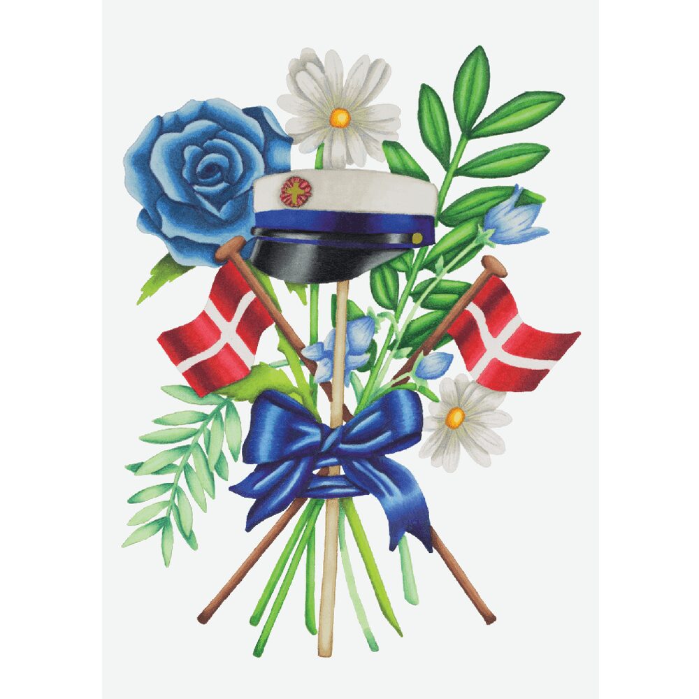 Blomsterbuket med stor blå rose, margueritter, grønne blade, 2 dannebrogsflag og en blå studenterhue. Rundt om buketten er bundet en mørkeblå sløjfe.