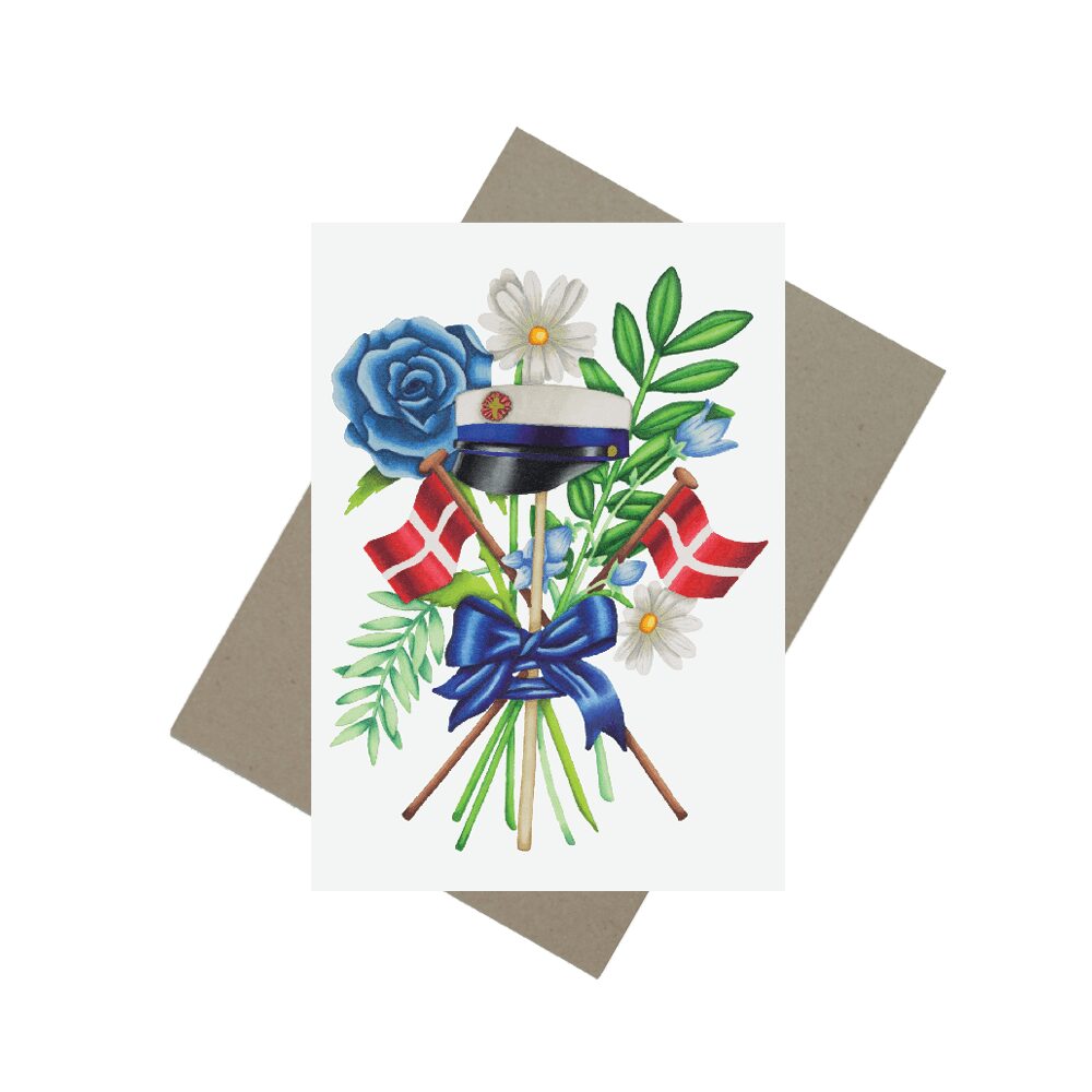 Blomsterbuket med stor blå rose, margueritter, grønne blade, 2 dannebrogsflag og en blå studenterhue. Rundt om buketten er bundet en mørkeblå sløjfe.