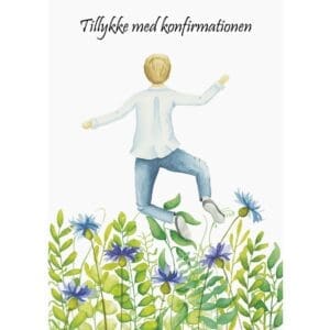 Konfirmationskort til dreng. På kortet ses en glad og jublende konfirmand der springer op af en blomstermark. Blomsterne er i blå nuancer. Øverst på kortet står der "Tillykke med konfirmationen".