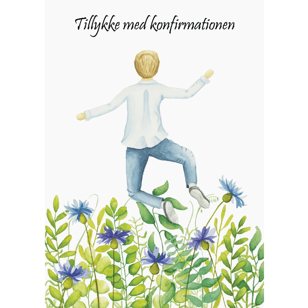 Konfirmationskort til dreng. På kortet ses en glad og jublende konfirmand der springer op af en blomstermark. Blomsterne er i blå nuancer. Øverst på kortet står der "Tillykke med konfirmationen".