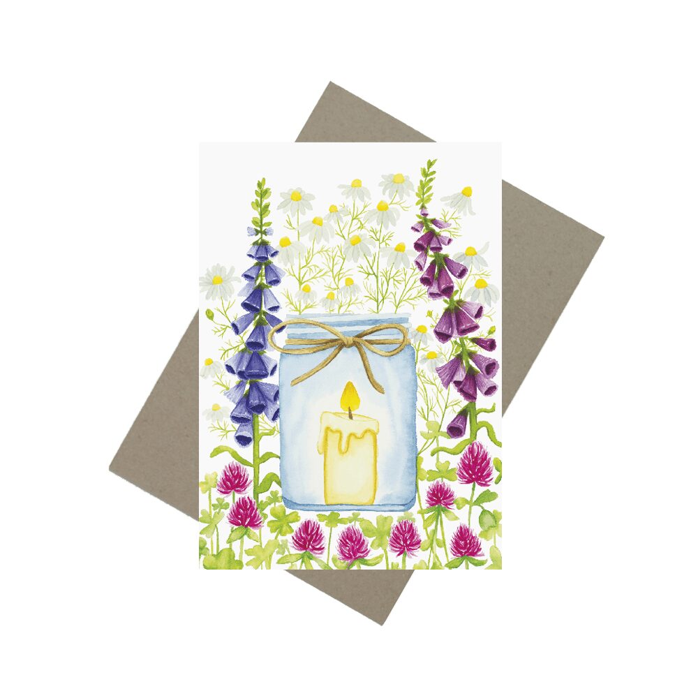 Kort med lys og blomster + kuvert