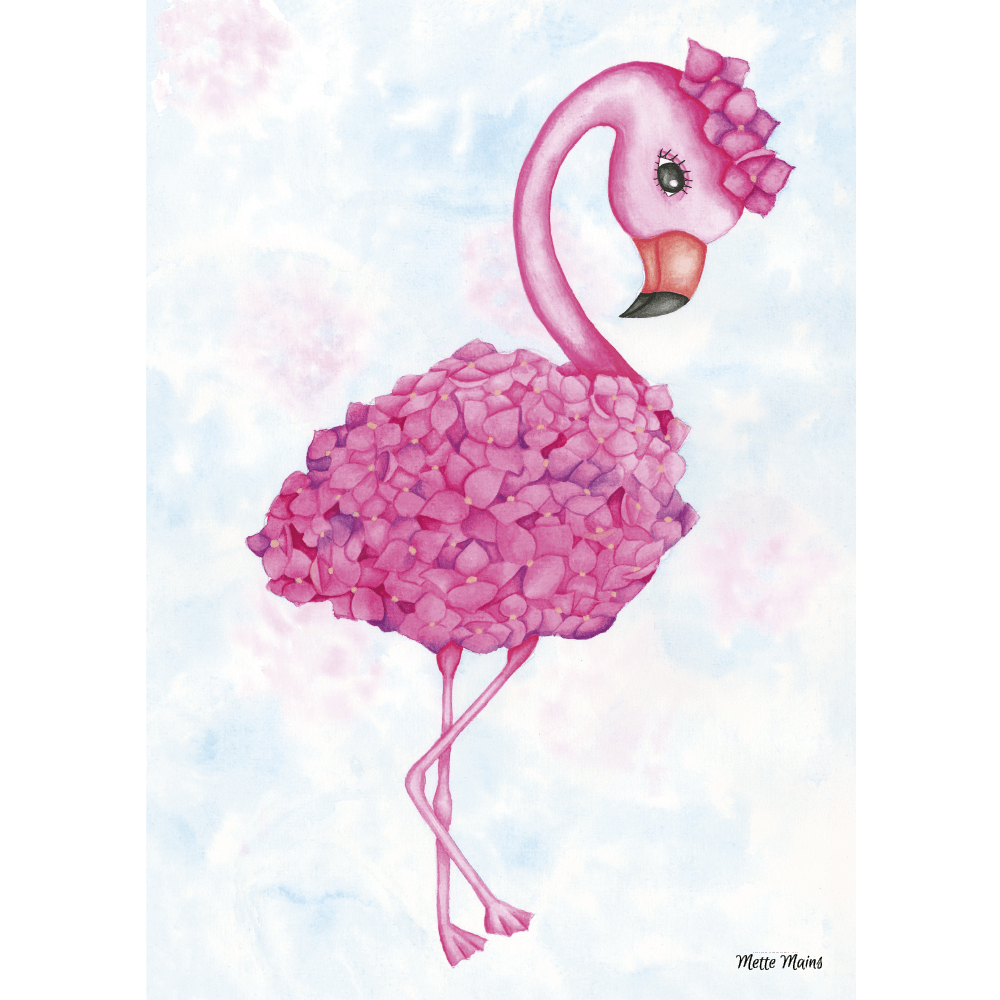 Plakat med en flamingo der står foran en lyseblå himmel. Flamingoens krop er lavet af en pink hortensia og oven på flamingoens hoved har den også en pink hortensia.